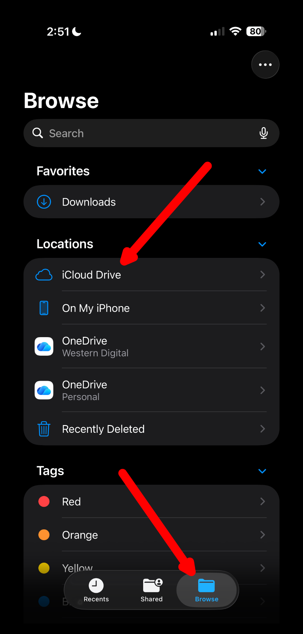 Files app Browse screen showing Favorites, Locations, and Tags, with a red arrow pointing to the Browse tab at the bottom.