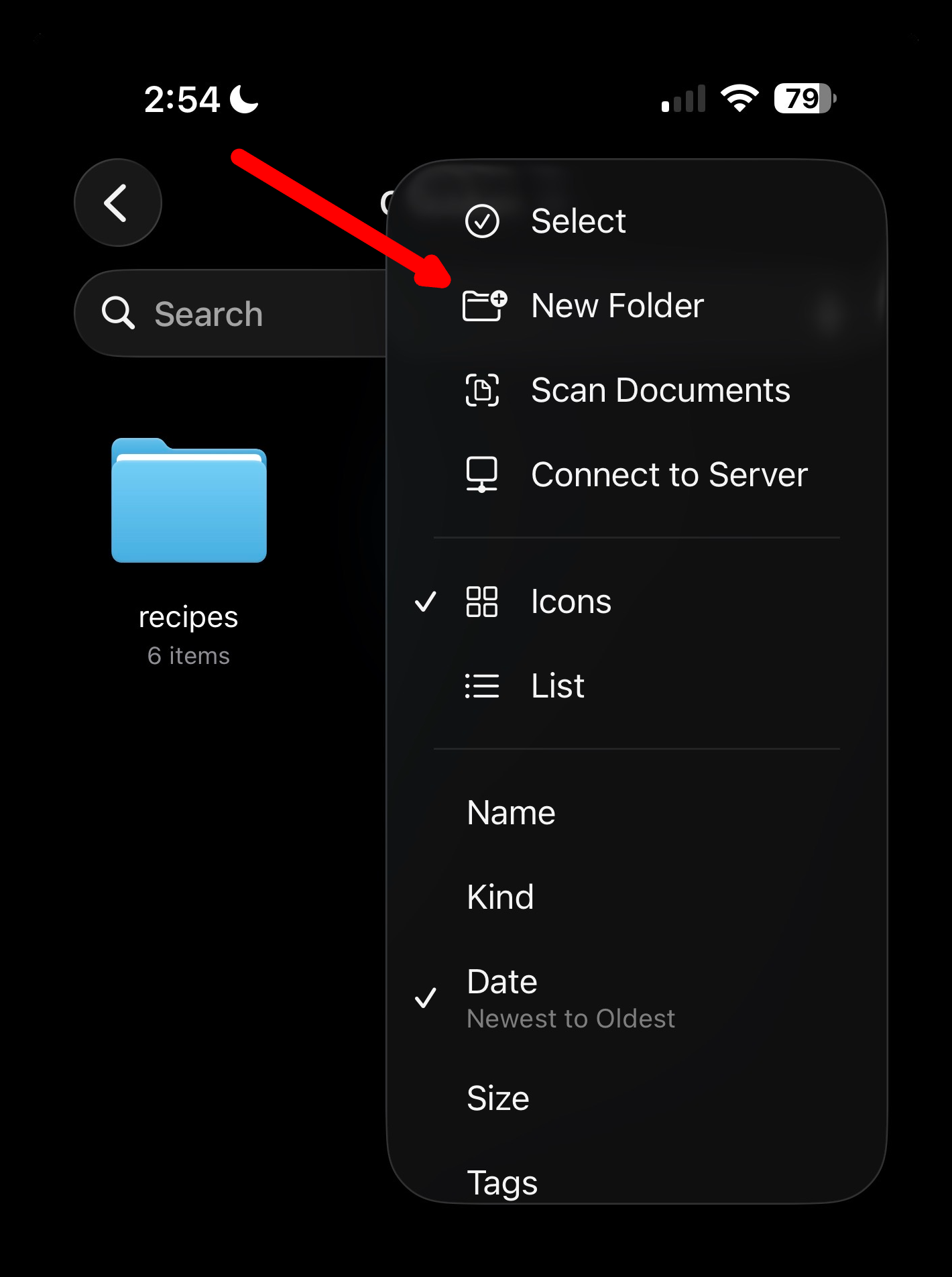 Triple-dot menu opened in the Obsidian folder, with a red arrow pointing to New Folder near the top of the menu.