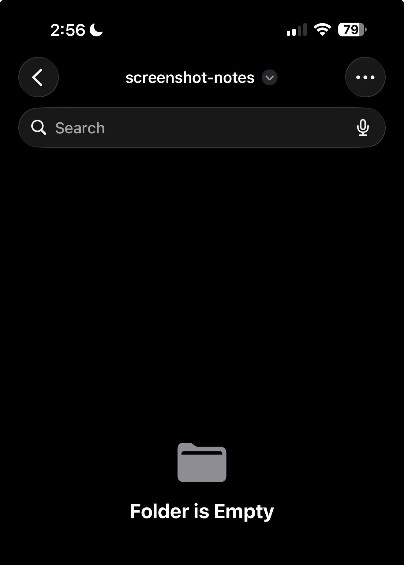 Inside the empty screenshot-notes folder, showing 'Folder is Empty'.
