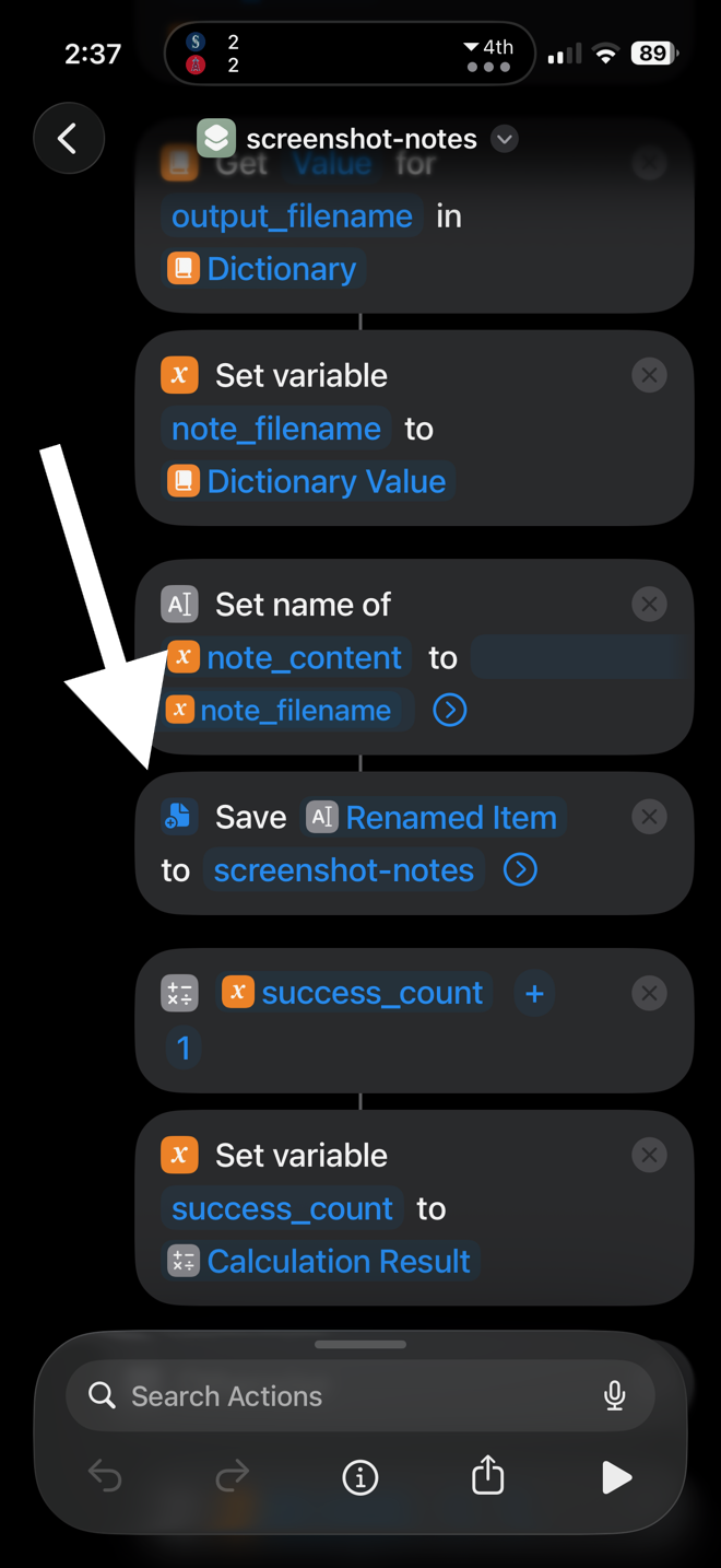 Shortcuts editor showing the screenshot-notes shortcut's action list. A white arrow points down to the Save Renamed Item to screenshot-notes action.