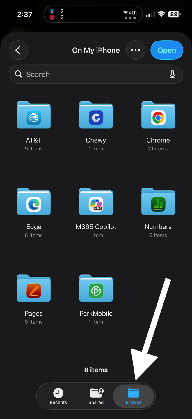 iOS folder picker showing 'On My iPhone' folders like AT&T, Chewy, Chrome, Edge. A white arrow points down to the Browse tab icon at the bottom.
