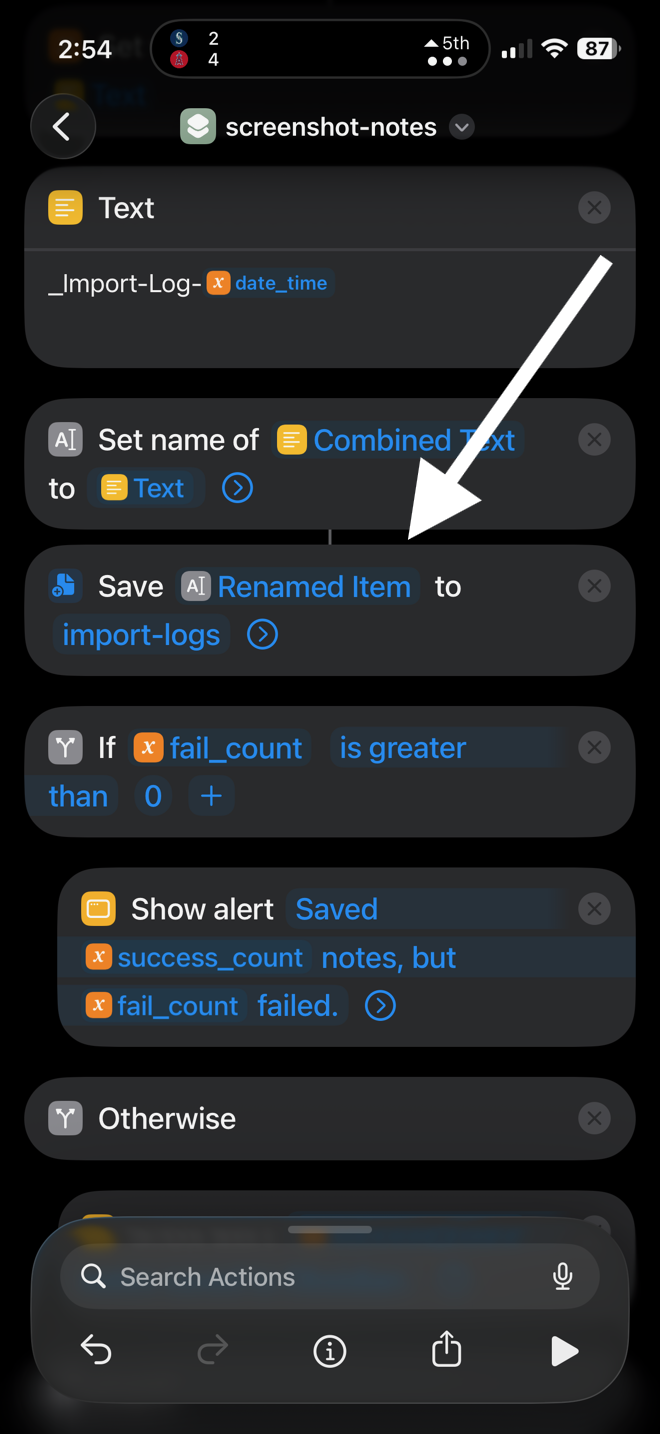 Shortcut editor scrolled to the second Save File action, showing 'Save Renamed Item to import-logs' inside a block of surrounding actions.