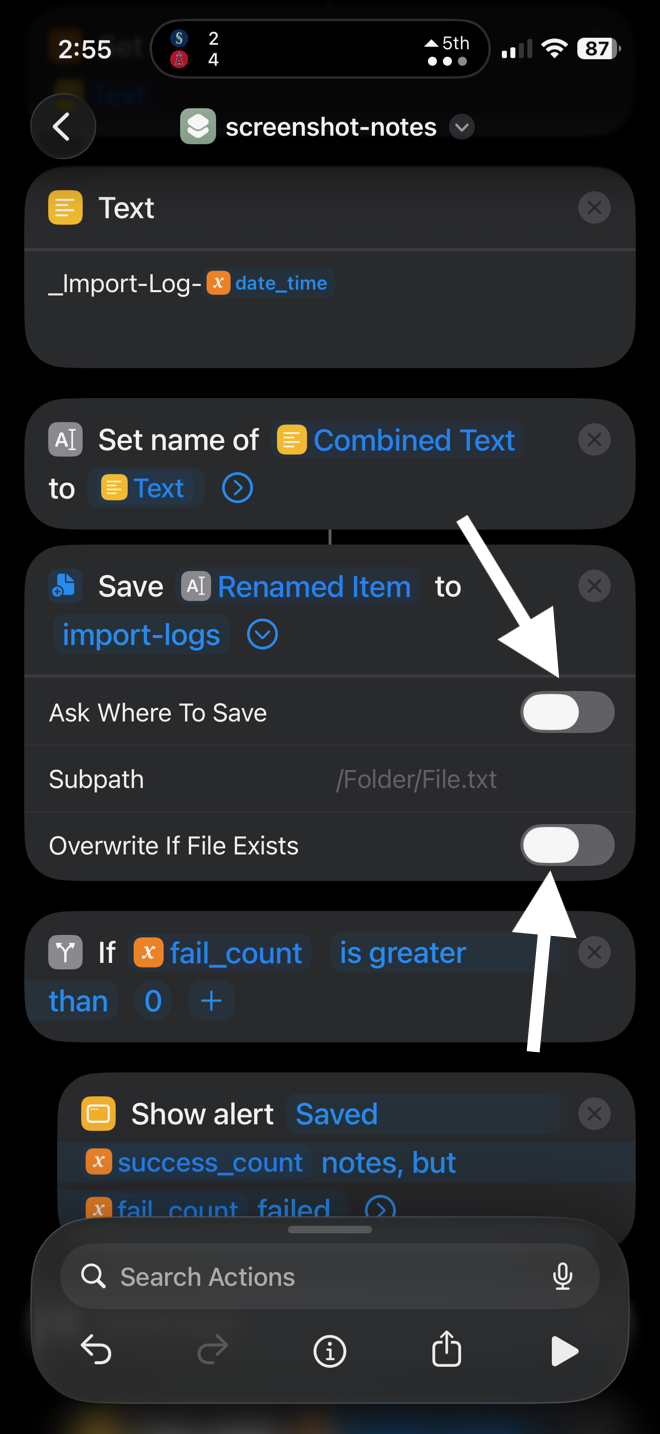 Close-up of the Save Renamed Item to import-logs action. Both Ask Where To Save and Overwrite If File Exists toggles are off, with white arrows pointing to each toggle.